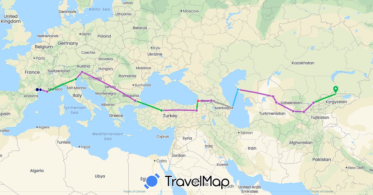 TravelMap itinerary: driving, bus, plane, train, hiking, boat in Austria, Azerbaijan, France, Georgia, Italy, Kyrgyzstan, Kazakhstan, Turkey, Uzbekistan (Asia, Europe)